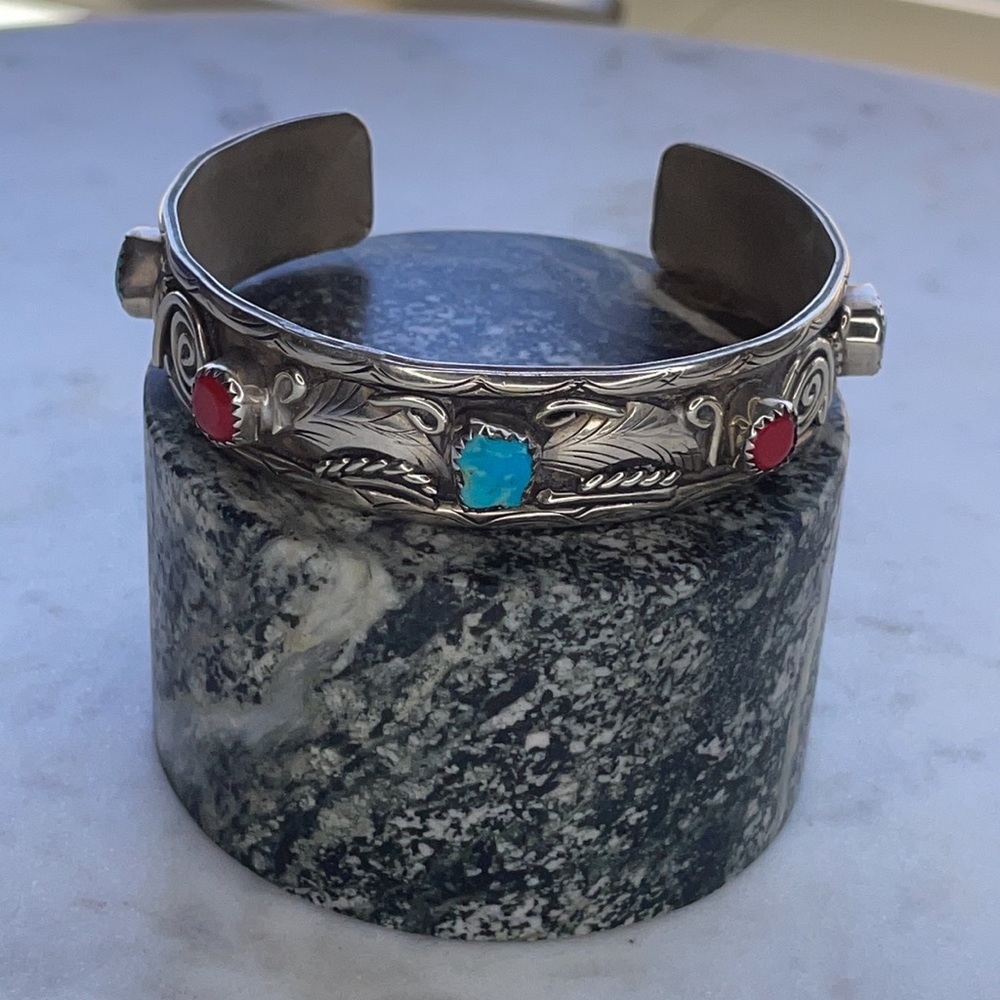 Sterling silver, turquoise and coral cuff bracelet